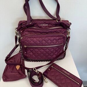 MZ Wallace Crossbody Magazine Quilted Tote Bag in Burgundy color